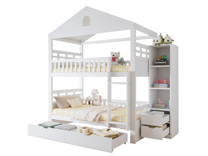  Lit superposé enfant 90 × 200 cm 2 places avec 2 tiroirs, rangement latéral et barrières, sans matelas, blanc  - Conforama A