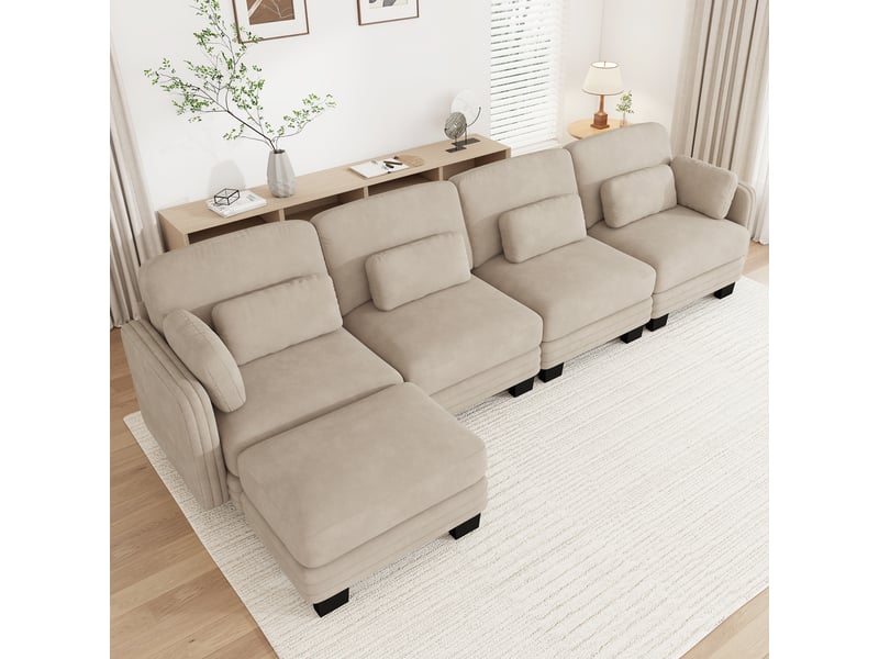  Canapé d'angle modulable - 4 places - forme l - 1 ottoman - coussins d'accoudoirs - tissu chenille - mobilier de salon - brun clair CozyNest - Conforama B