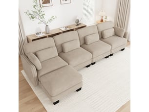 Canapé d'angle modulable - 4 places - forme l - 1 ottoman - coussins d'accoudoirs - tissu chenille - mobilier de salon - brun clair