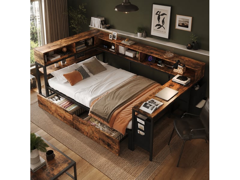 Lit avec tiroirs, lit simple 120 × 200 cm, 2 tiroirs, étagères, port de charge et table, sans matelas, noir naturel - Conforama D