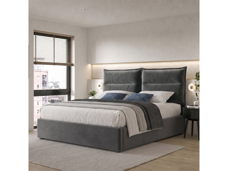  Lit double rembourré 140 x 200 cm avec coffre hydraulique et tête de lit réglable, velours gris, sommier à lattes Fay Lum - Conforama E