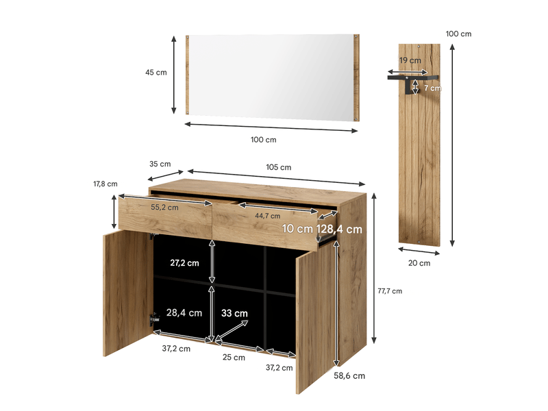  Vestiaire d'entrée miroir, tringle, 2 portes, 2 tiroirs noir et naturel 125x35x178 cm N657P50046465N - Conforama C