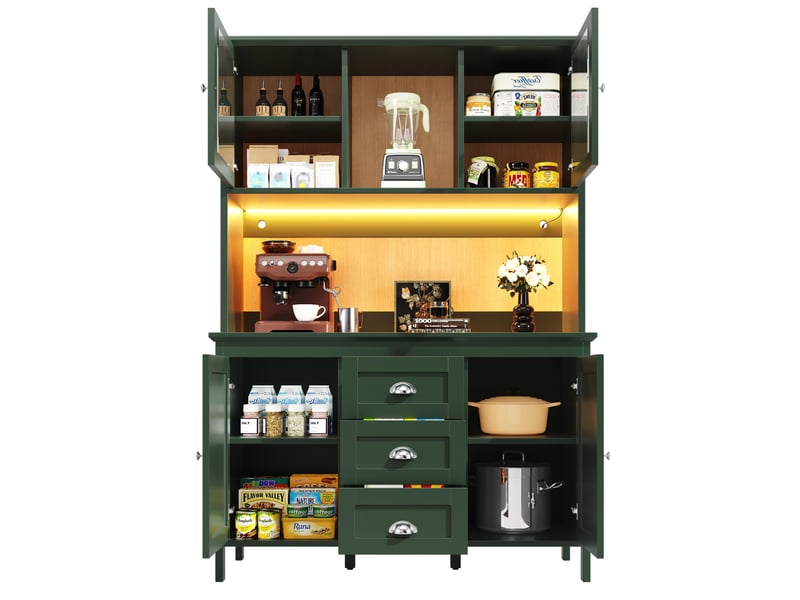  Buffet de cuisine haut avec portes vitrées, tiroirs, étagères réglables et led pour cuisine, vert, 120 × 40 × 179 cm  - Conforama A