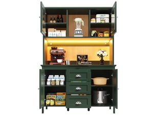 Buffet de cuisine haut avec portes vitrées, tiroirs, étagères réglables et led pour cuisine, vert, 120 × 40 × 179 cm