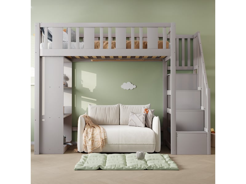  Lit surélevé 90 x 200 cm gris pour enfant, échelle de rangement, grands tiroirs de stockage, sans matelas  - Conforama E
