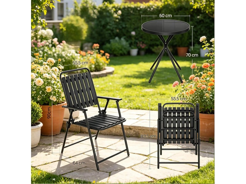Salon de jardin pliant 3 pièces ø50x70 cm – noir – table en verre, 2 fauteuils pliants avec accoudoirs - Conforama C