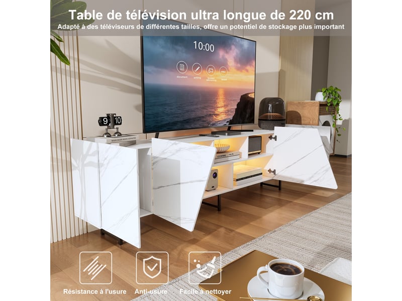  Meuble tv xxl 220x35x65cm - éclairage led rgb 7 couleurs - 4 portes et rangements ouverts - moderne chic - motif marbré - blanc  - Conforama D