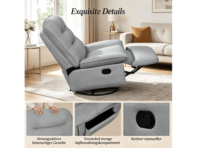  Chaise relax pivotante 1 place en tissu gris foncé, avec repose-pieds, balancement et rangement  - Conforama E