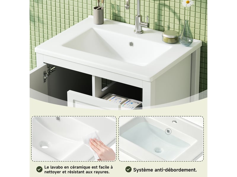  Meuble vasque sur pied 62x47x90 cm avec vasque en céramique blanc  - Conforama E