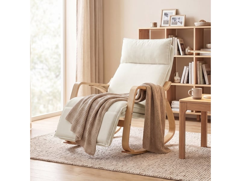  Fauteuil à bascule blanc crème avec repose-pieds réglable 5 positions et revêtement aspect lin  - Conforama B