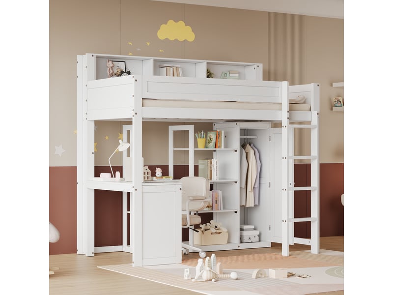 Lit superposé enfant 2 places 90×200 cm avec bureau et armoire - okmyhome- garde-corps, étagères, sans matelas - Conforama C