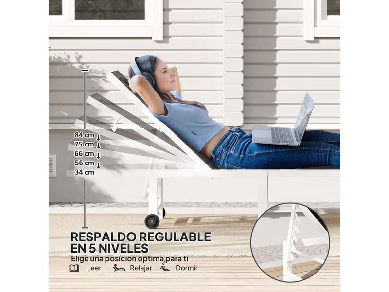  Transat de jardin inclinable à roulettes, dossier réglable 5 positions et structure en acier, 166 x 60 x 84 cm, gris  - Conforama E