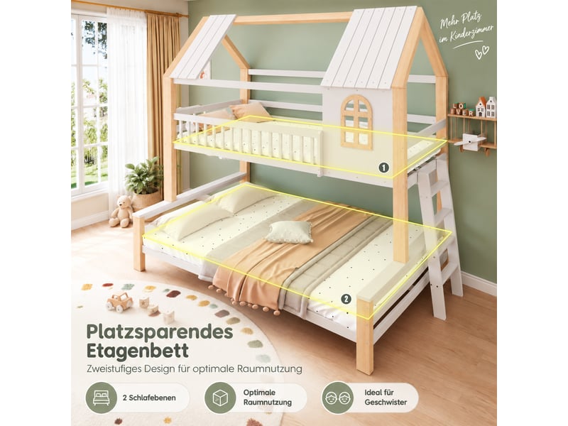  Lit superposé enfant 90x200140x200 cm lit cabane en bois avec garde-corps sécurisé, échelle stable, 2 couchages, gain de place, blanc et bois naturel  - Conforama D