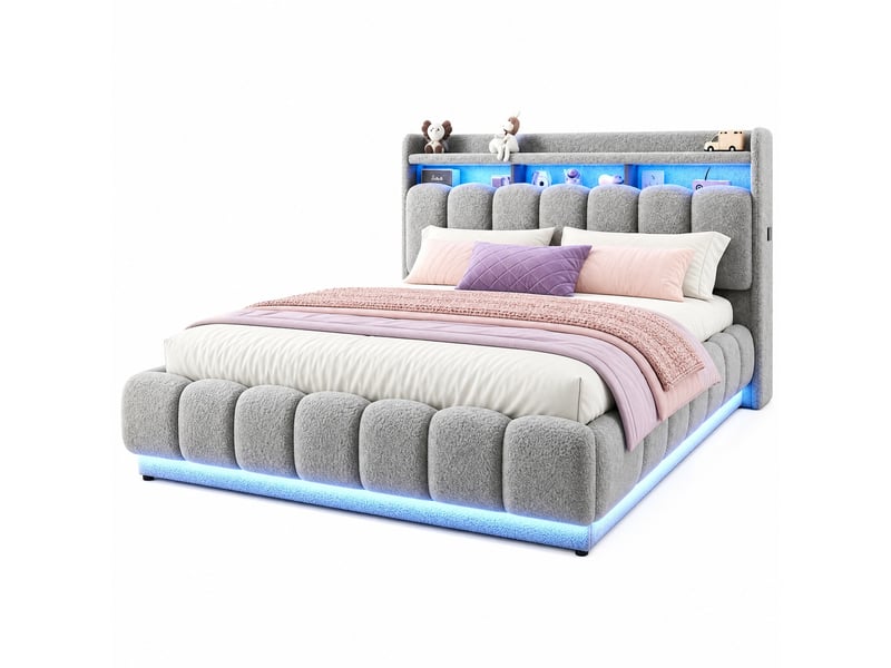 Lit double 180 × 200 cm avec coffre hydraulique, led, usb et prise, en tissu bouclé gris pour chambre - Conforama A