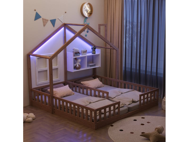 Lit cabane lit 2 places avec led, barrières et étagères 90×200 cm et 90×200 cm, sans matelas, bois naturel - Conforama C