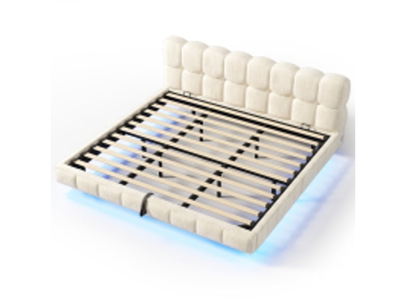  Lit double rembourré 180x200 cm - coffre hydraulique, design nuage, led, usb et type-c - chenille et bois - beige CozyNest - Conforama R