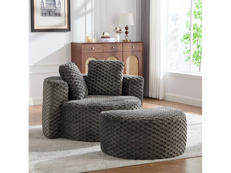  Fauteuil rond avec pouf, 1 place, tissu gris foncé, mousse, 130 x 115 x 103 cm  - Conforama C