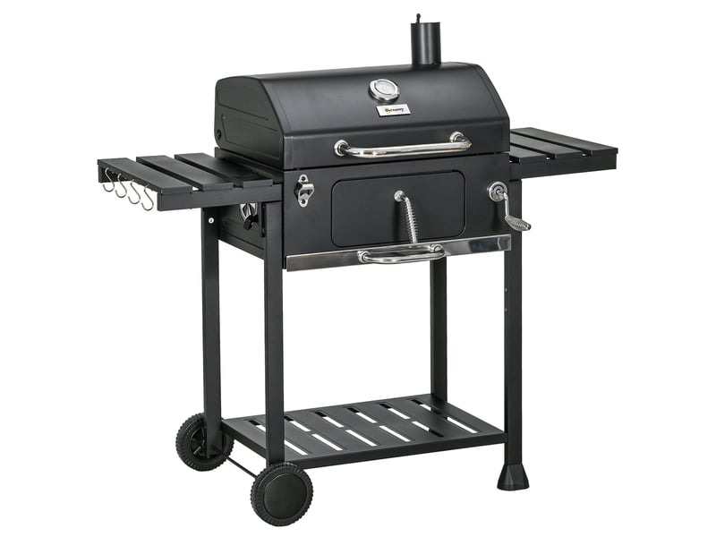  Barbecue charbon de bois avec 2 grilles, tablettes rabattables, chariot et rangement – noir – acier inoxydable  - Conforama A