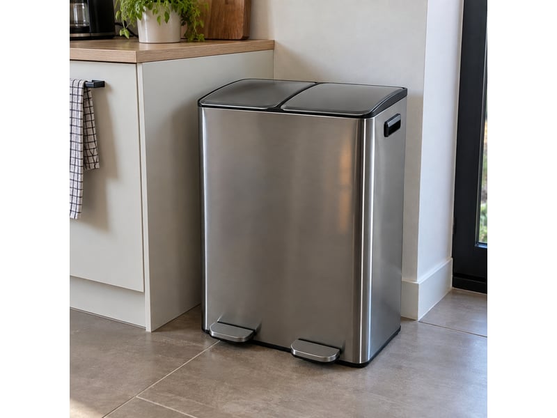  Poubelle de tri sélectif rectangulaire 60l (2x30l) à double compartiment en métal chrome anti-traces avec deux pédales indépendantes - longueur 45 x profondeur 36 x hauteur 71,5 cm  - Conforama B