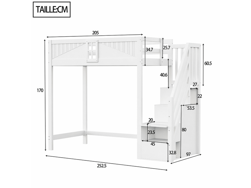  Lit mezzanine en bois blanc, lit simple 90x200 cm avec échelle réversible, rangements et garde-corps  - Conforama D