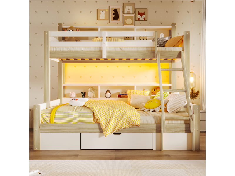 Lit superposé avec rangements, tiroir, échelle réversible et led, blanc et naturel, 90x200+140x200 cm - Conforama B