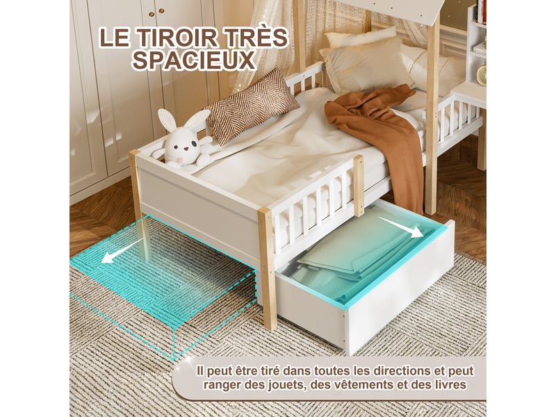  Lit cabane enfant 90x200 cm blanc en bois avec bureau, étagères, 2 tiroirs sur roulettes et sommier à lattes  - Conforama R