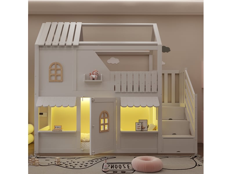  Lit superposé enfant 90 × 200 cm 1 place avec led, étagères et rangement, sans matelas, en bois, blanc  - Conforama C