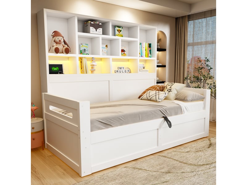  Lit coffre 90x200 cm - lit 1 personne avec rangement - tête de lit avec étagères - led et prises - blanc  - Conforama D
