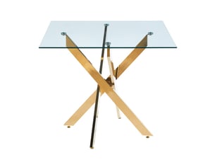 Table à manger carrée en verre trempé - piètement croisé, 80x80 cm, hauteur 75 cm, pieds chromés ou dorés, gain de place