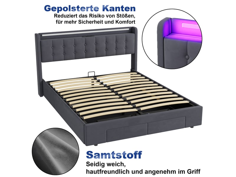  Lit coffre 2 places 160x200 cm avec led et tiroirs, coloris gris  - Conforama E