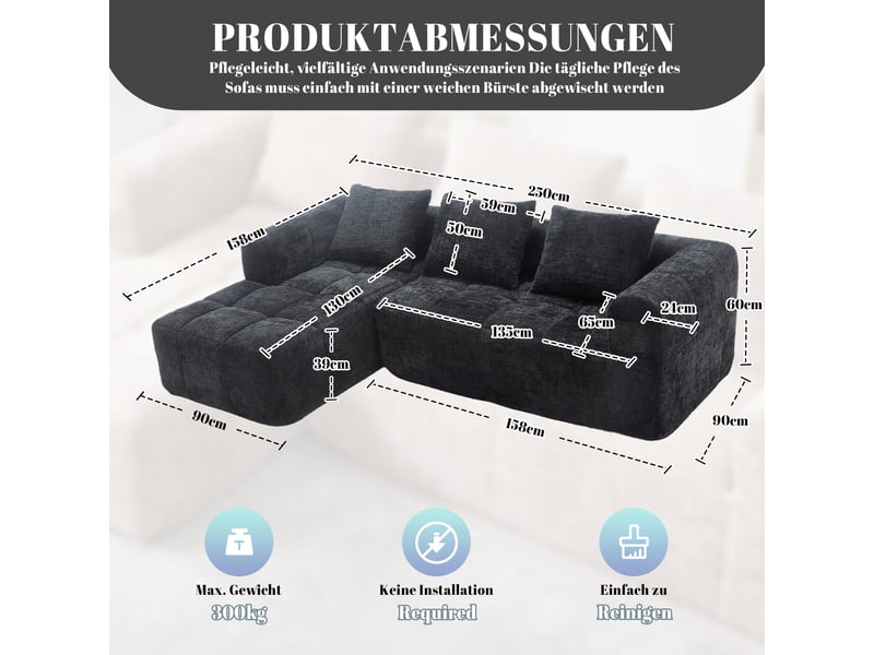 Canapé d'angle gauche fixe 3 places tissu noir Canapé d'angle noir - Conforama D