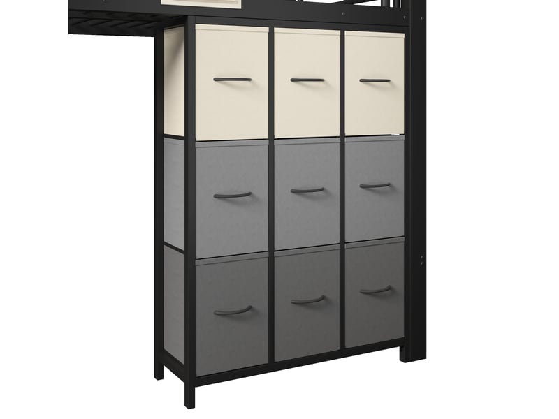  Lit mezzanine 90 x 200 cm noir métal et mdf, avec tiroirs, tringle à vêtements et escalier de rangement  - Conforama E