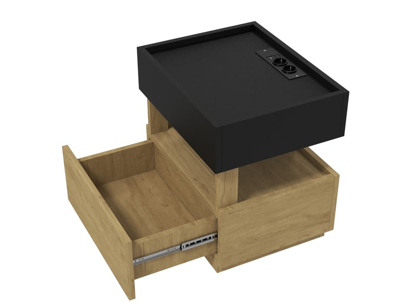  Table de chevet avec charge sans fil, led, usb et 2 tiroirs 50x40x50 cm noir naturel  - Conforama D