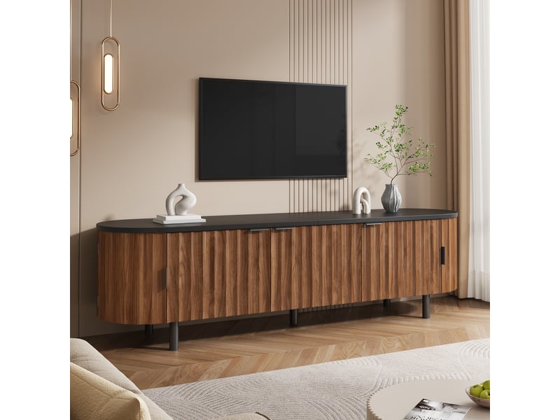 Meuble tv 170 cm avec 5 portes, façades rainurées, côtés arrondis, grand rangement, pieds et poignées métal, mdf effet noyer, pour salon - Conforama C