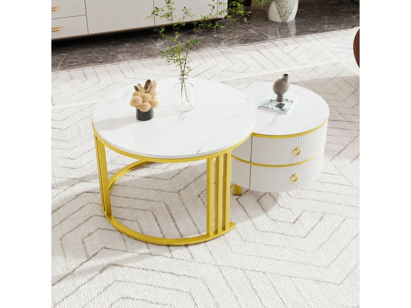  Ensemble de 2 tables basses rondes avec 2 tiroirs, blanc et doré, ø 70 et 50 cm  - Conforama D