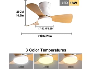 Ventilateur de plafond avec éclairage led 71 cm, 6 vitesses, moteur dc réversible, télécommande, design compact(blanc et effet bois)