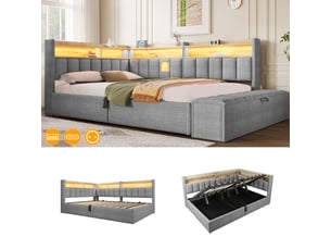 Lit coffre 140x200 cm 2 places, lit double, lit banquette en lin gris, rangement hydraulique, banc coffre, tête de lit réversible, led, usb-ausb-c