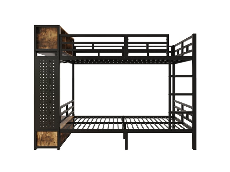  Lit superposé en métal noir 120x200 cm avec espace de rangement, penderie, tiroir, 120 x 200 cm, noir et noyer foncé  - Conforama B