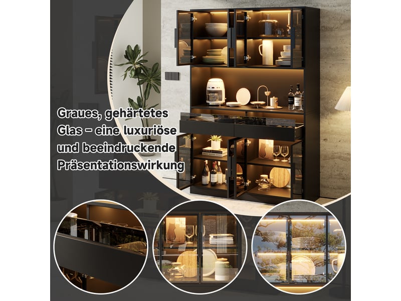 Vitrine 120x40x180 cm - 8 portes vitrées et 2 tiroirs - led multicolore via app - niche ouverte - verre trempé gris et mdf noir  - Conforama D