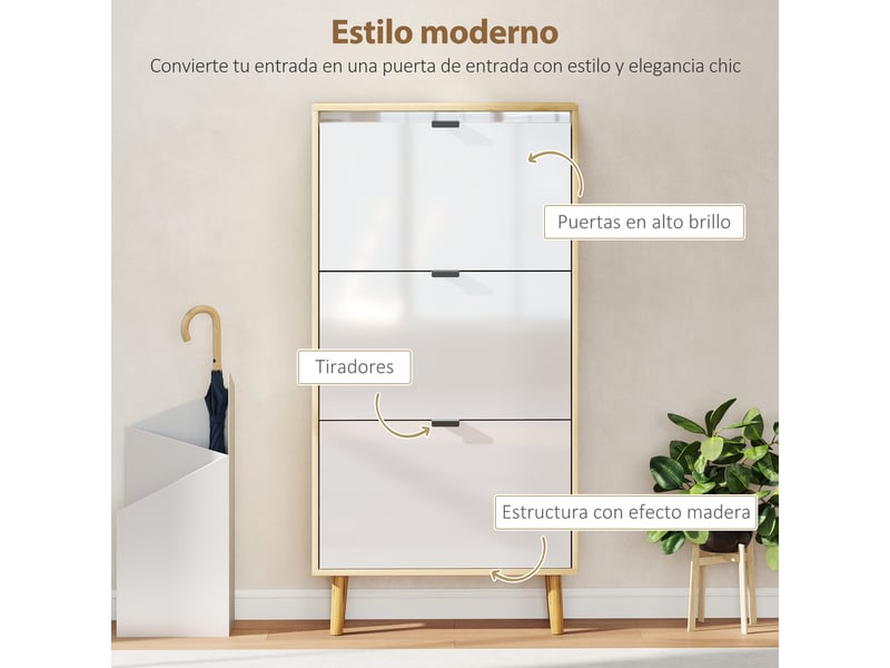  Meuble à chaussures étroit à 3 portes, blanc brillant, étagères réglables, pieds en bois, pour 18 paires de chaussures  - Conforama E