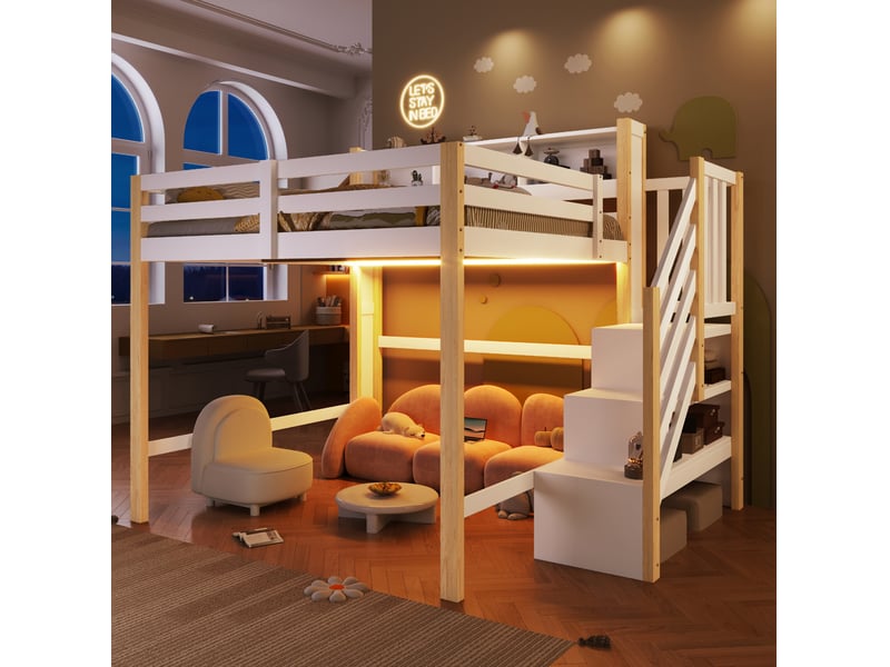 Lit mezzanine enfant 140 x 200 cm avec éclairage led, escalier avec rangements, blanc et naturel, sans matelas - Conforama B
