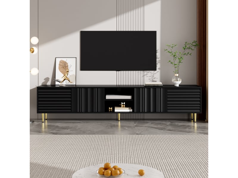  Meuble tv 200 cm 4 portes avec niche ouverte, façades structurées sans poignées, pieds métal, noir  - Conforama D