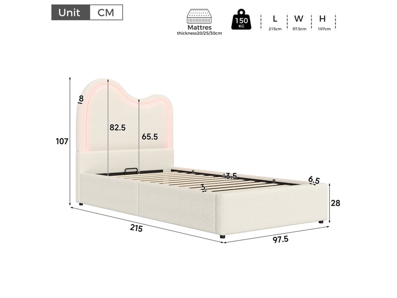  Lit coffre enfant 90 × 200 cm 1 place avec rangement hydraulique et led multicolore, sans matelas, bouclé blanc  - Conforama D