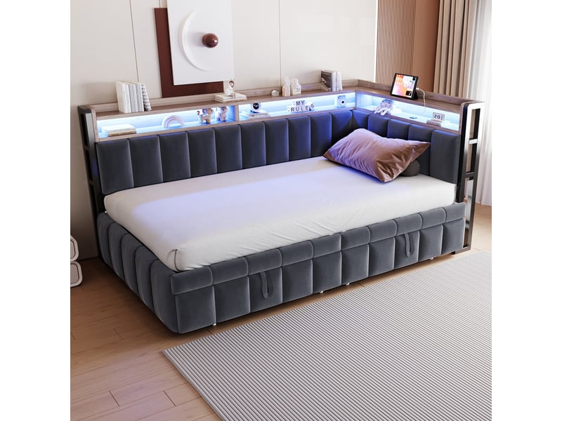 Lit rembourré 90 x 200 cm avec lit gigogne, led, rangements tête et pied, ports usbusb-c, velours gris foncé - Conforama D