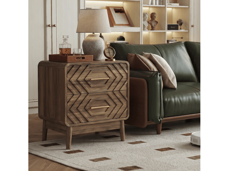  Table de chevet 48x38x56 cm à 2 tiroirs décor géométrique marron noyer  - Conforama E