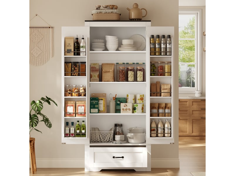  Meuble cuisine 80x35x183 cm avec 2 portes, tiroir et étagères réglables, armoire de rangement haute style campagne pour cuisine salon - blanc  - Conforama C