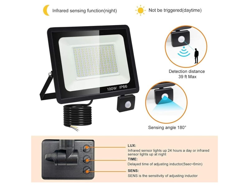 100w projecteur led détecteur de mouvement 10000 lm 6500k blanc froid étanche ip66, extérieur, garage - Conforama B