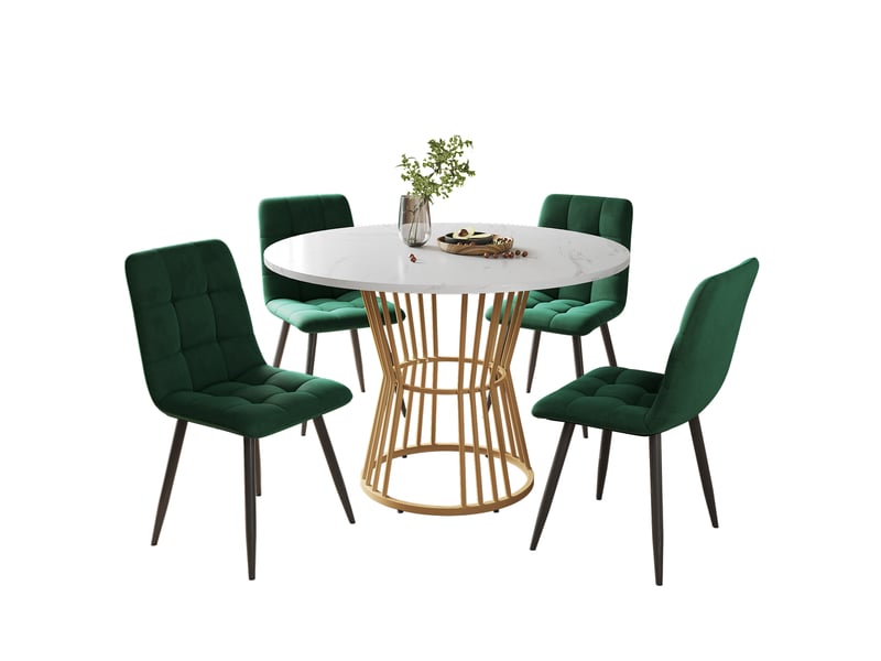  Ensemble table ronde et 4 chaises, 5 pièces, plateau blanc effet marbre et pieds métalliques dorés, salle à manger moderne  - Conforama A