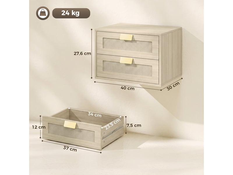 Ensemble de 2 tables de chevet suspendues avec 2 tiroirs et façade en rotin naturel pour chambre à coucher, 40 x 30 x 27,6 cm, chêne - Conforama E
