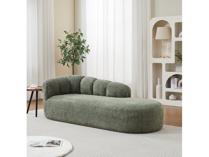 Chaise lounge moderne avec dossier courbe à ondes en velours chenille vert sauge, divan avec accent vert foncé, sofa sans accoudoirs confortable pour salon, chambre à coucher et recoin lecture - Conforama B